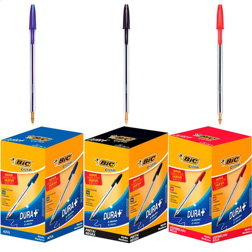 3 Caixa Caneta Bic Cristal 50 Und Cada-azul- Preta- Vermelha