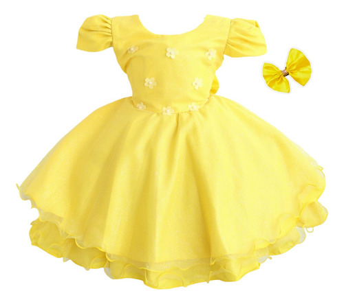 Vestido Infantil Festa Bela Amarelo Luxo Casamento E Tiara