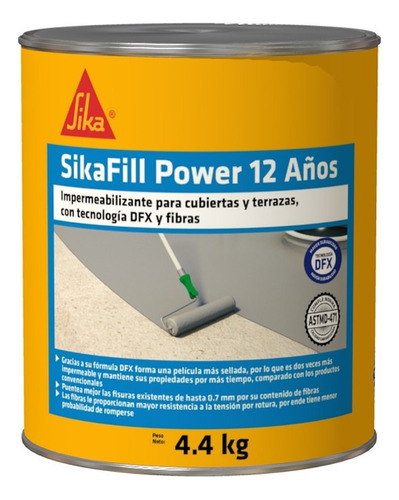 Sikafill 12 Power Impermeabilizante Cubiertas Fibras 4.4kg Color Gris