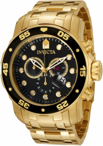 Reloj Pulsera Invicta Pro Diver 0072 De Cuerpo Color Oro, Analógico, Para Hombre, Fondo Negro, Con Correa De Acero Inoxidable Color Oro, Agujas Color Oro Y Blanco Y Rojo, Dial Blanco Y Oro, Subesferas