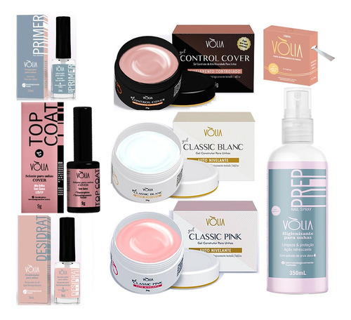 Kit Volia Fibra Base + Nude + Pink + Prep Kit Preparador Gel