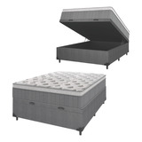 Cama Box Baú Casal Colchão Molas Ômega 138cm Cinza Branco