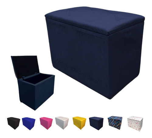 Puff Pufe Bau Decorativo Organizador Calçadeira Retangular Cor Azul Suede