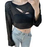 Crop Top De Tejido Mujer Casual Moda Ahuecar Manga Larga