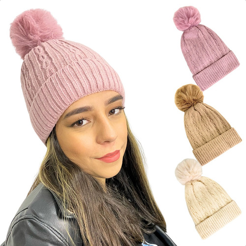 Kit 3 Touca Feminina Adulto Gorro Lã Forrada Pompom Pelinho 