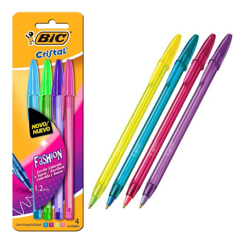 Canetas Coloridas Bic Cristal 4 Cores Roxo Rosa Azul Verde