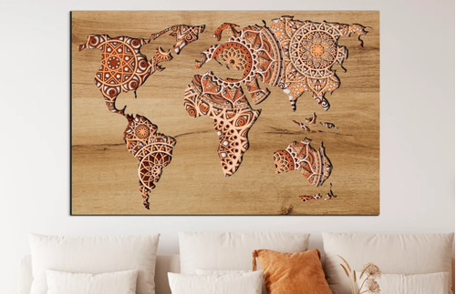 Cuadro Decorativo Mapa Mundo Rectangular Mandala En Madera 