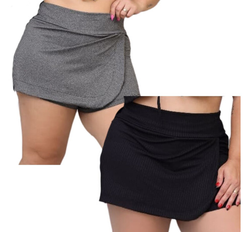 Kit Com 2 Shorts Saia Moda Plus Size Malha Canelada