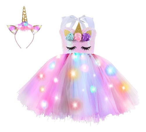 Vestido De Fiesta Princesa Unicornio Con Luz Led For Niña