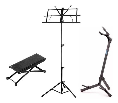 Kit  Apoio De Pé + Estante Partitura+ Suporte Violão C/trava Cor Preto