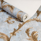 Papel De Parede Vinilico Lavavel Floral Azul Com Dourado 10m