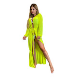 Saida De Praia Kimono Verde Neon Longo Verão