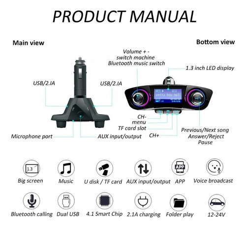 Reproductor Música For Automóvil Bluetooth Teléfonocargador