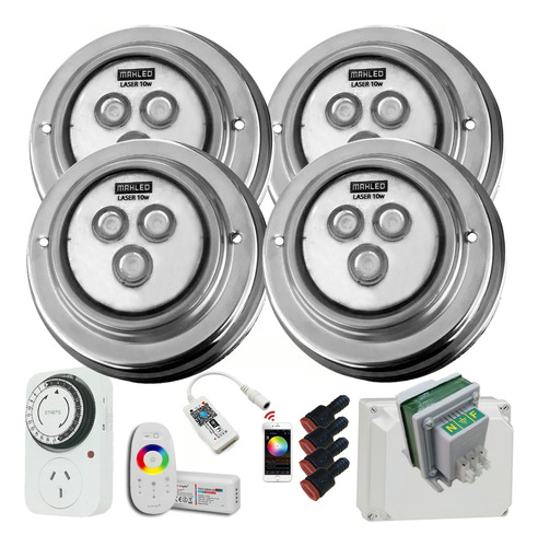 Kit 4 Luces Pileta Hormigon 10w Rgb Wifi + Control + Timer