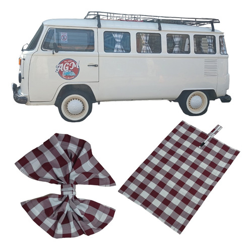 Kit Cortinas E Hastes Kombi Antiga/clipper Xadrez Vinho 