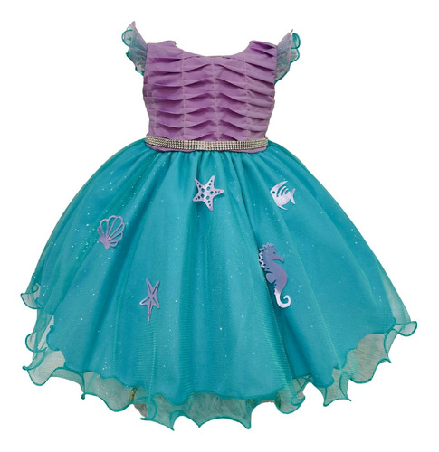 Vestido Infantil Tema Ariel Sereia De Luxo - 1.2.3.4