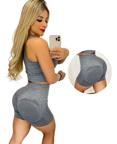 Conjunto Feminino Fitness Short E Top Sem Costura Empina Bum