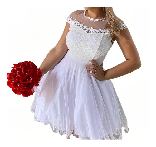 Vestido Madrinha Civil Debutante Branco Rose Vermelho Vivo