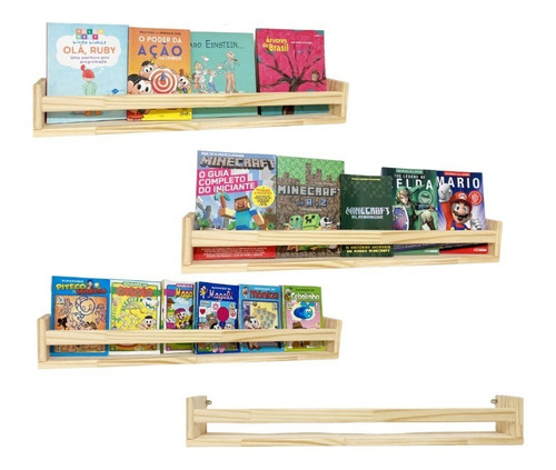 4 Prateleiras Livro Infantil Montessori Em Pinus - 100cm