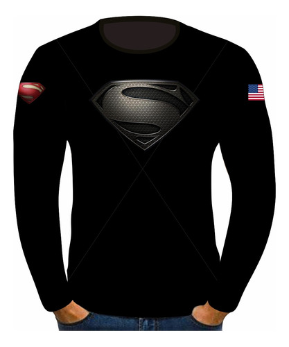 Camisa Manga Longa Super Homem Preto Heroi Serie Superman
