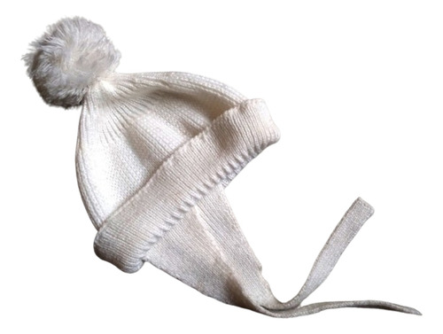 Gorro Lana Tejido Artesanal Blanco Pompón C Tiras De Ajuste