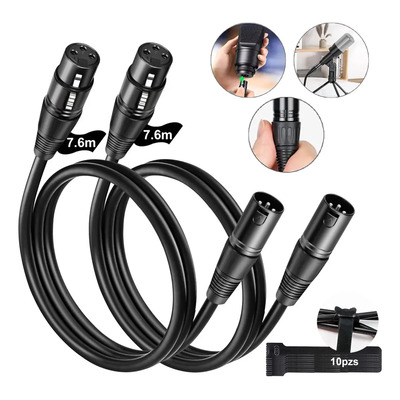 7.6m Cable XLR Balanceado Micrófono Conector Premium Equilibrado Cable XLR Macho a Hembra 3 Pines Para Condensador, Mezclador, Preamplificador, Altavoces, Full HD MIC Audio, Grabación y Más 2 Piezas | MercadoLibre