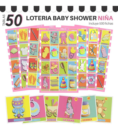 Loteria Baby Shower Niña - 50 Tablas 500 Fichas Incluidas
