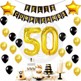 Set Globos Decoración 50 Años Dorado+ Cartel Feliz Cumple 