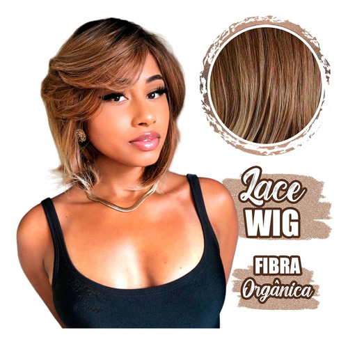 Lace Wig Peruca Curta Long Bob Com  Franja E Cabelo Orgânico