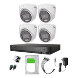 Hikvision Kit De 4 Cámaras De Seguridad Metálicas Con Micrófono Integrado Turret 3k 5mp Imagen A Color 24/7 Exterior Ip67 + Dvr 8mp 4 Canales Turbohd + 4 Canales Ip + 3tb Hdd Ids2ce70kf0t-plus-sc+3tb