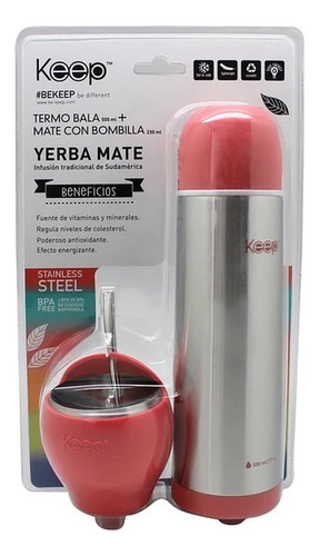 Set Mate Con Bombilla + Termo Bala 500ml Keep Color Rosa