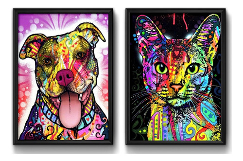 2 Quadros Pitbull Gato Pop Art Cachorro Pet Decoracao