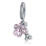 Charm Hueso Huella Perro Cristal Rosa Plata 925 Silver Heart