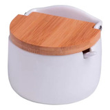 Pote Saleiro De Mesa Porcelana Com Tampa Bambu + Colher Lyor