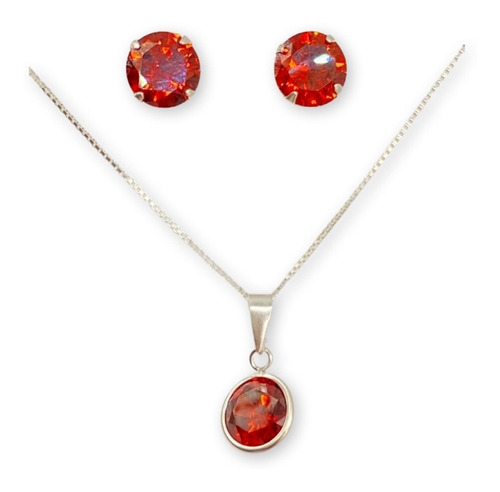 Conjunto Punto Luz Rojo Aros Dije Cadena Plata Italiana 925