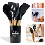  Kit 12 Utensílios De Cozinha Em Silicone E Cabo De Madeira