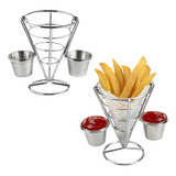 Kit 2 Petisqueira Cone Inox Com Molheira Porta Batata Frita