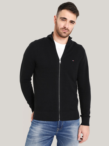 Sweater Texturizado Con Cierre Negro Tommy Hilfiger