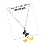 Set Collar Mariposa Negra Y Aretes Con Tarjeta