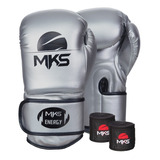 Kit Luva De Boxe Mks Energy V2 Silver E Bandagem Preta 2,55m