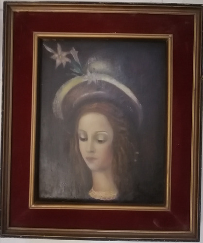 Cuadro Vintage Antiguo Pintura Oleo De Mujer Con Sombrero