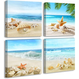 Set 4 Cuadros Decorativos Playa Estrella De Mar Arena Canvas