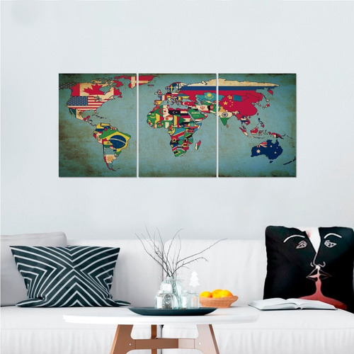 Cuadro Triptico Mapa Mundi Planisfero Bandera Envio Gratis