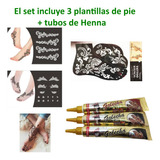 3 Plantillas Pie Stencil +3 Tubos Henna Natural Tatuaje Temp