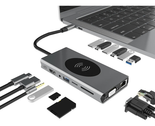 Adaptador Hub Usb C Macbook 15 En 1 Con Cargador Inalámbrico