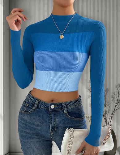 Sweater Suéter Corto Con Cuello Tortuga Con Manga Larga