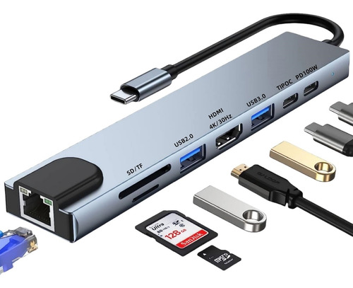 Tipo C Hub 8 En 1 Adaptador Usb3.0 Multipuerto Hdmi Ethernet