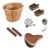 Kit Bicicleta Retrô Food Bike Marrom Cesta Vime Vintage 6pcs