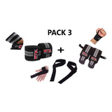 Knee Wraps Vendas Para Rodilla+ Muñequeras+ Straps Gym Pack3