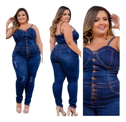 Macacão Jeans Feminino Plus Size Longo 2024